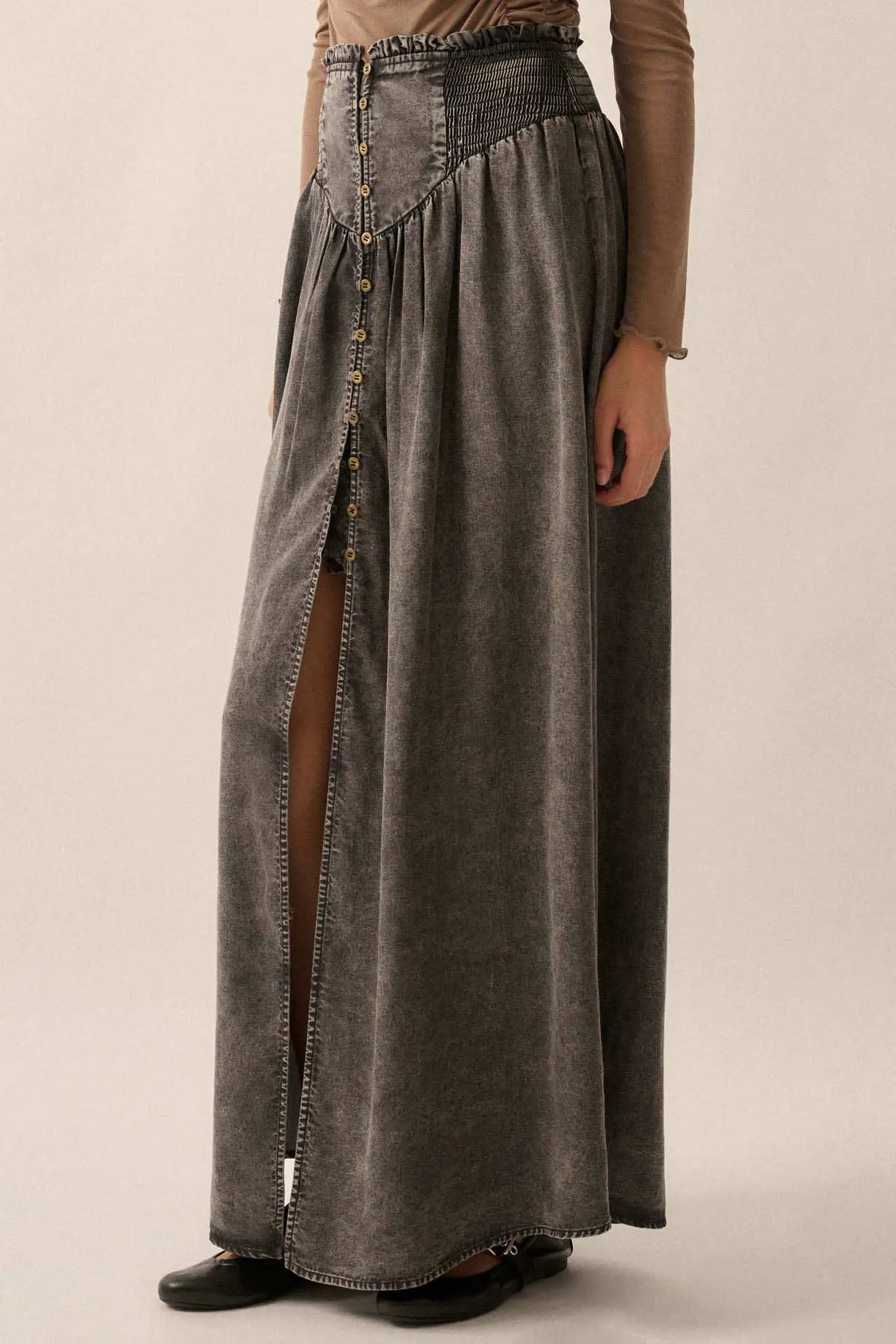 Softest Storm Acid-Wash Denim Buttoned Maxi Skirt