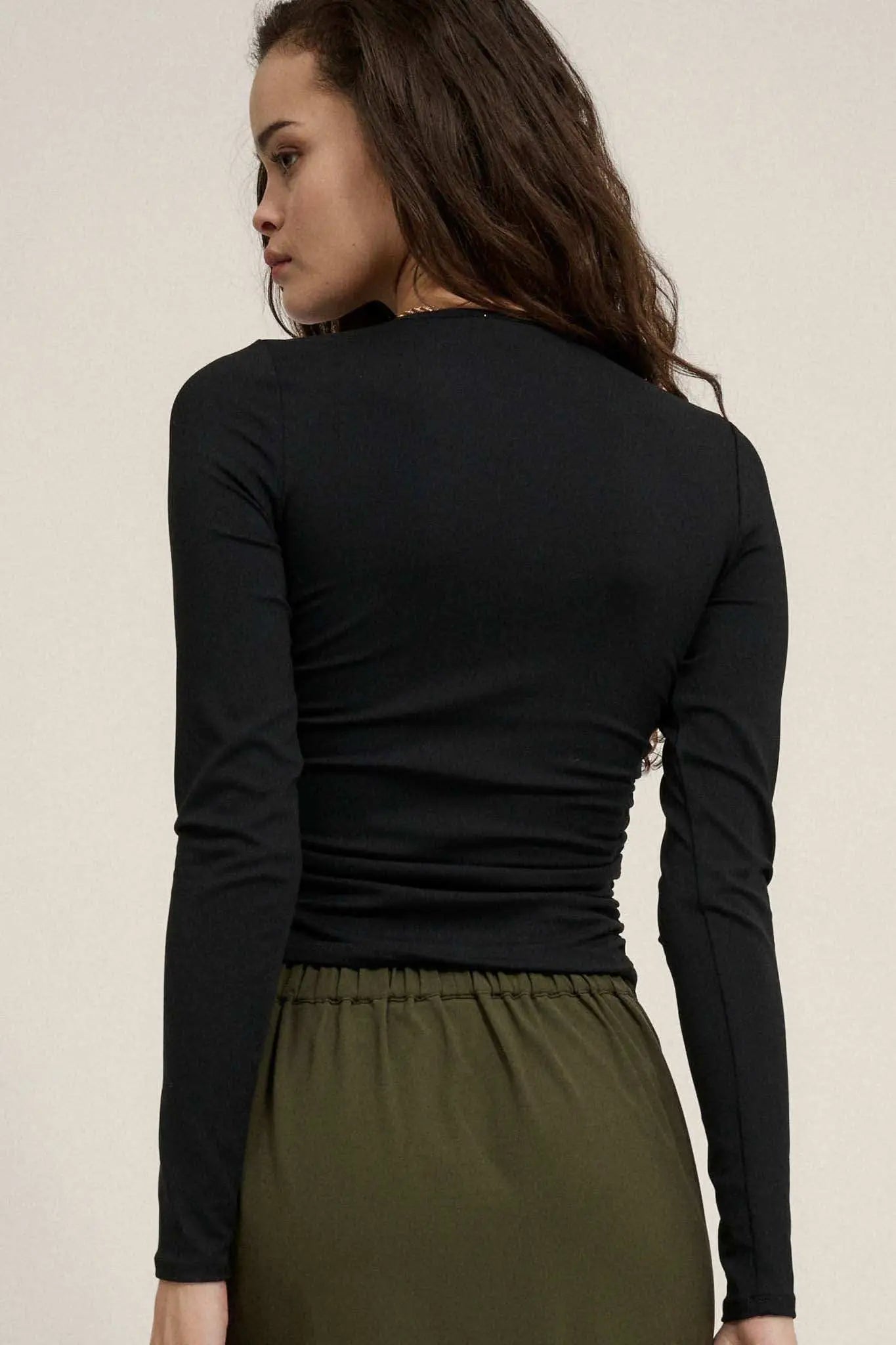 Lifted Fit Ruched Hook-Front Long-Sleeve Top