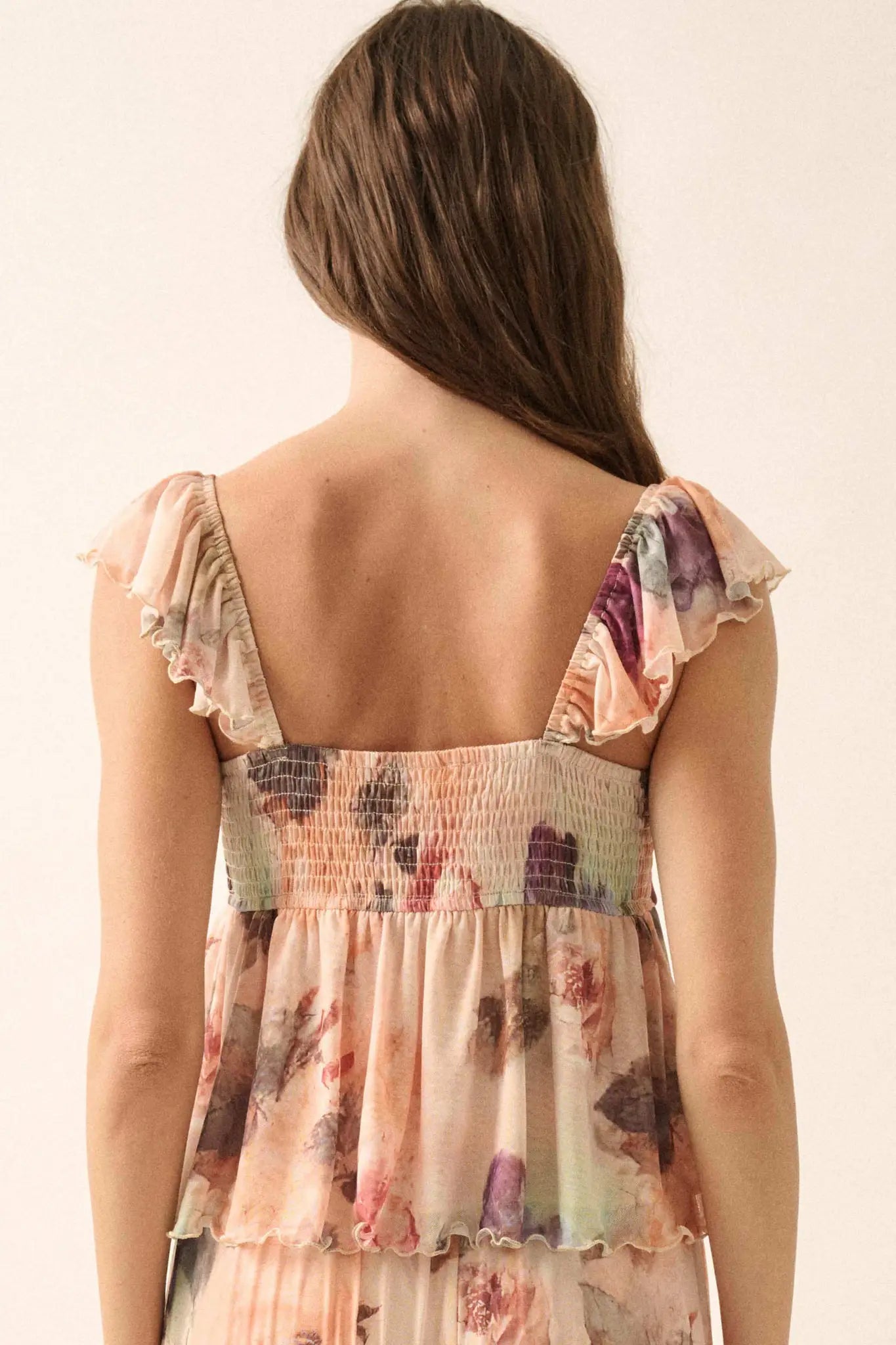 First Blush Floral Mesh Ruffle Babydoll Cami Top
