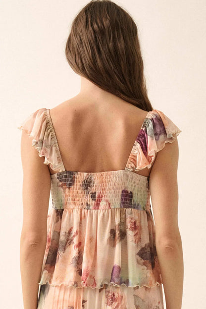 First Blush Floral Mesh Ruffle Babydoll Cami Top