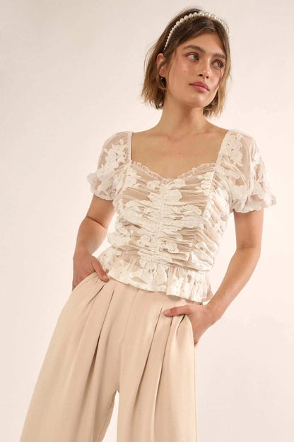 Heavenly Heart Embroidered Lace Puff-Sleeve Top