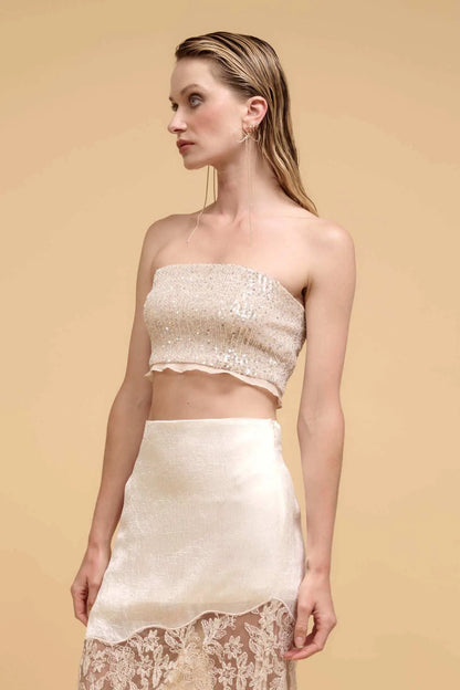 Up All Night Ruffle-Trim Sequin Tube Top