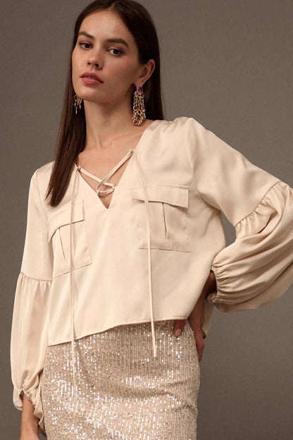 Touch of Silk Matte Satin Lace-Up Peasant Top