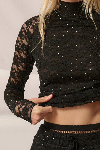 Starry Eyed Studded Floral Lace Mock-Neck Top