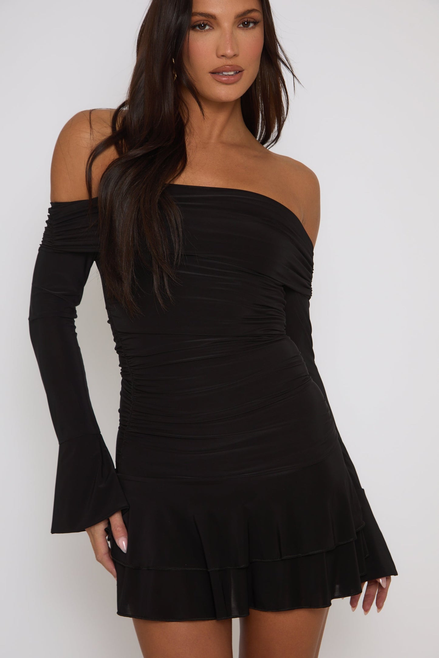 Black Bardot Ruffle Frill Hem Mini Dress - Lotty