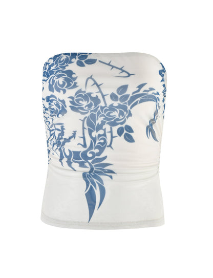 HARRIETT TUBE TOP - BLUE : TATTOO : TATTOO PRINT