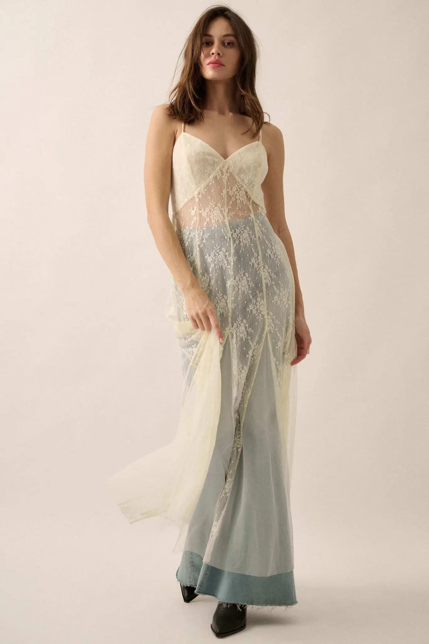 Whisper to Me Sheer Floral Lace Pleated Maxi Dress