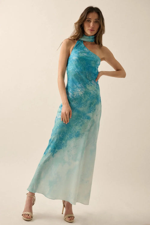 Raining Love Tie-Dye Satin Halter Maxi Dress