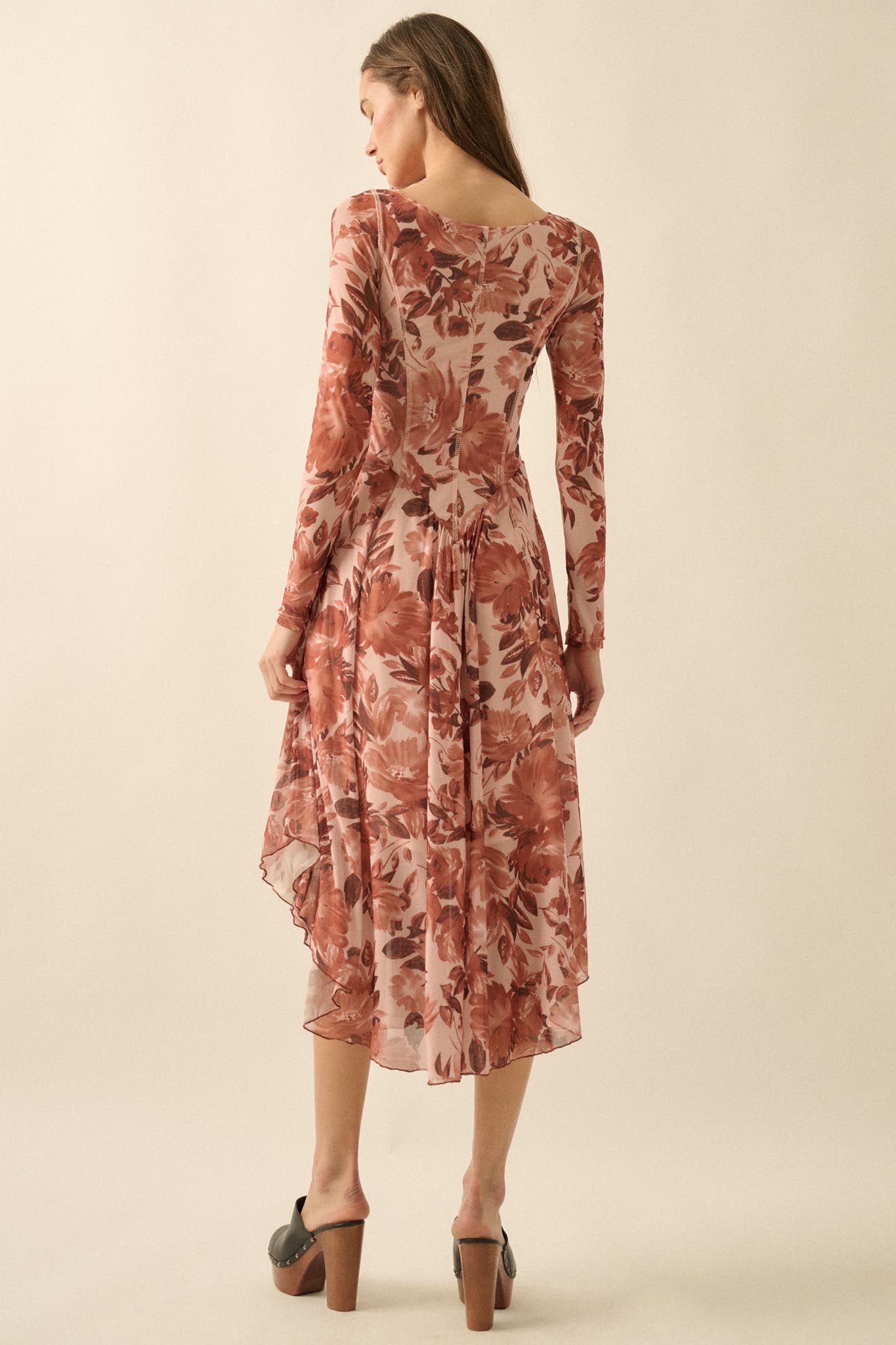 Stellar Stems Floral Mesh Drop-Waist Midi Dress