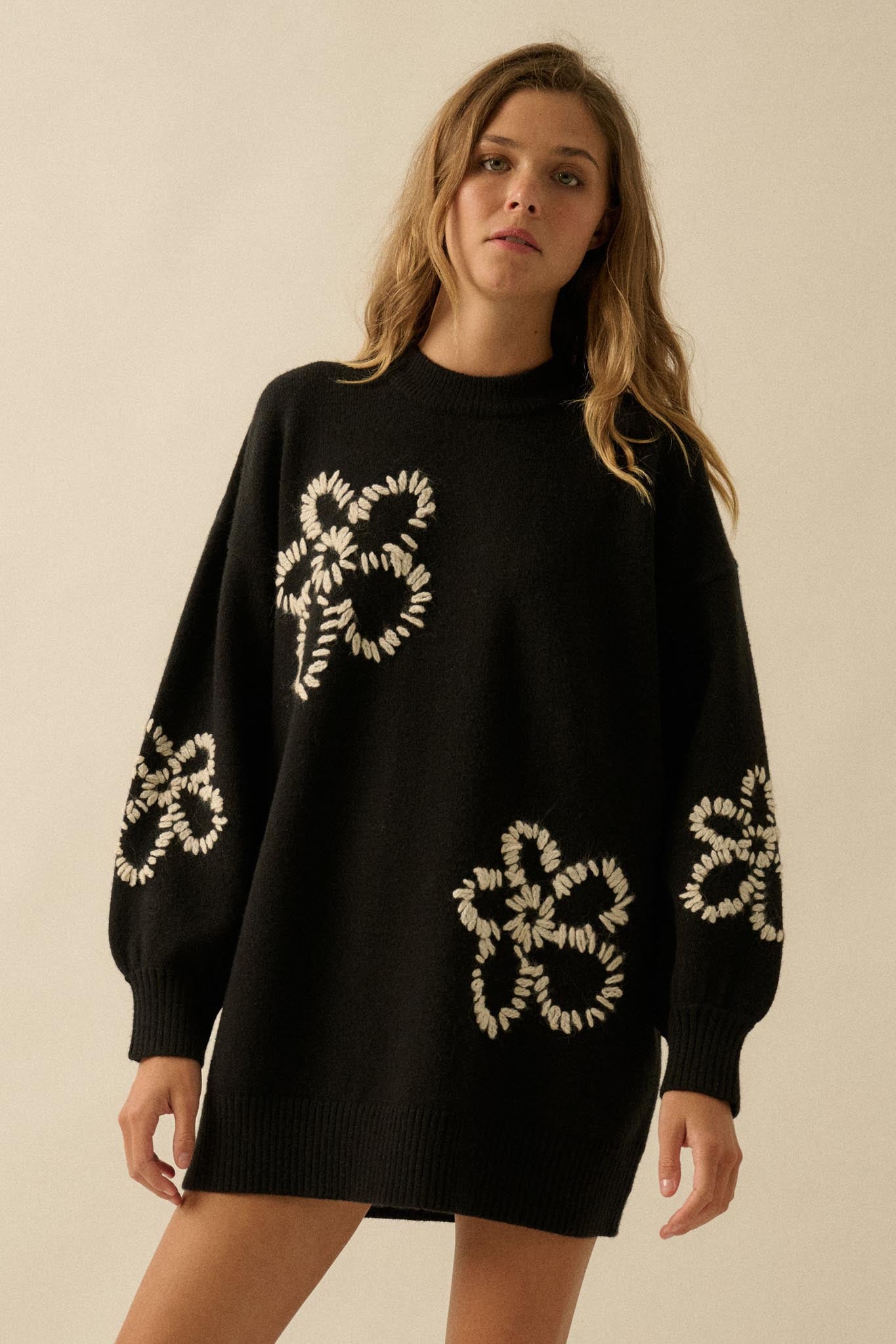 Cozy Petals Floral-Embroidered Mini Sweater Dress