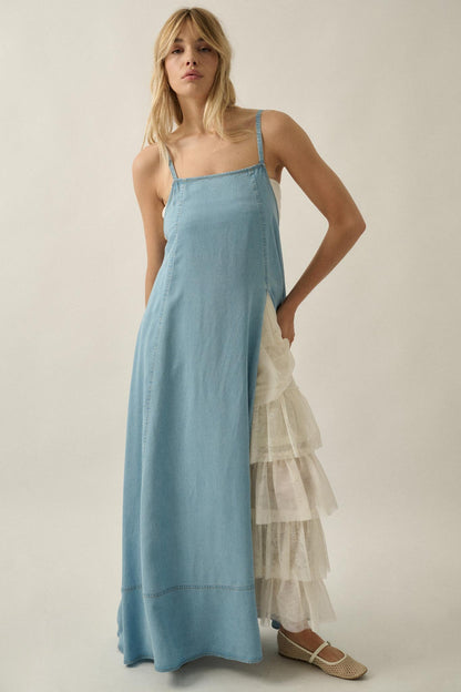 Endless Skies Denim Open-Back High-Slit Maxi Dress
