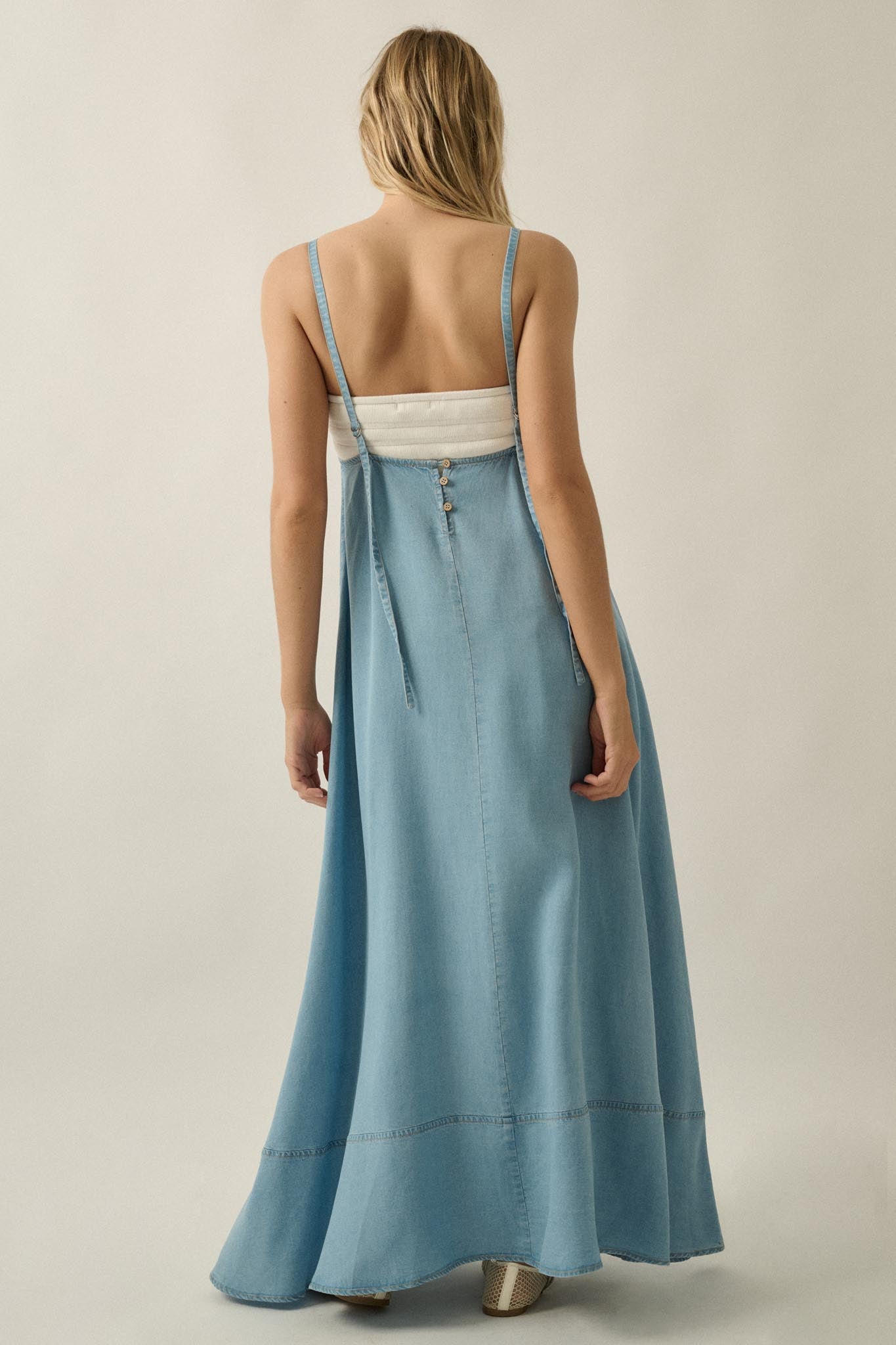 Endless Skies Denim Open-Back High-Slit Maxi Dress