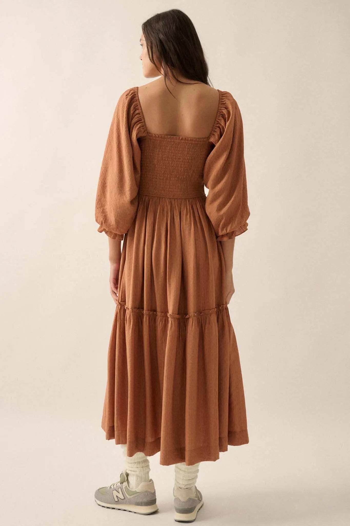 Autumn Sunset Smocked Midi Peasant Dress