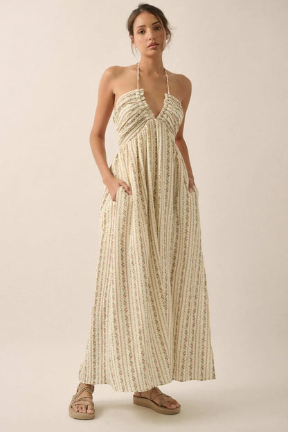 Trellis Blossoms Floral Gauze Halter Maxi Dress