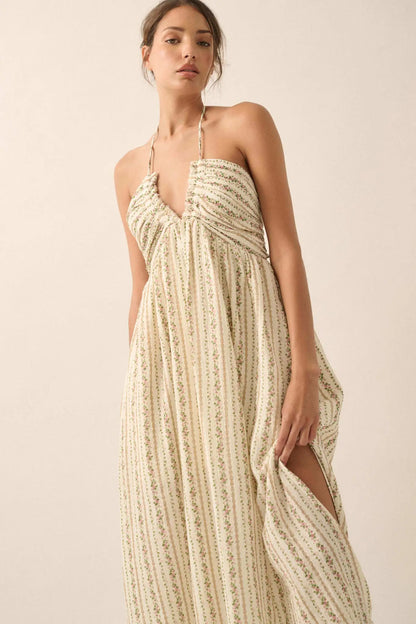 Trellis Blossoms Floral Gauze Halter Maxi Dress