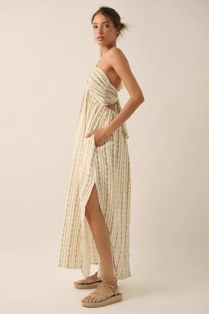 Trellis Blossoms Floral Gauze Halter Maxi Dress