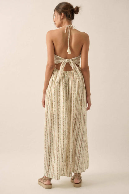 Trellis Blossoms Floral Gauze Halter Maxi Dress