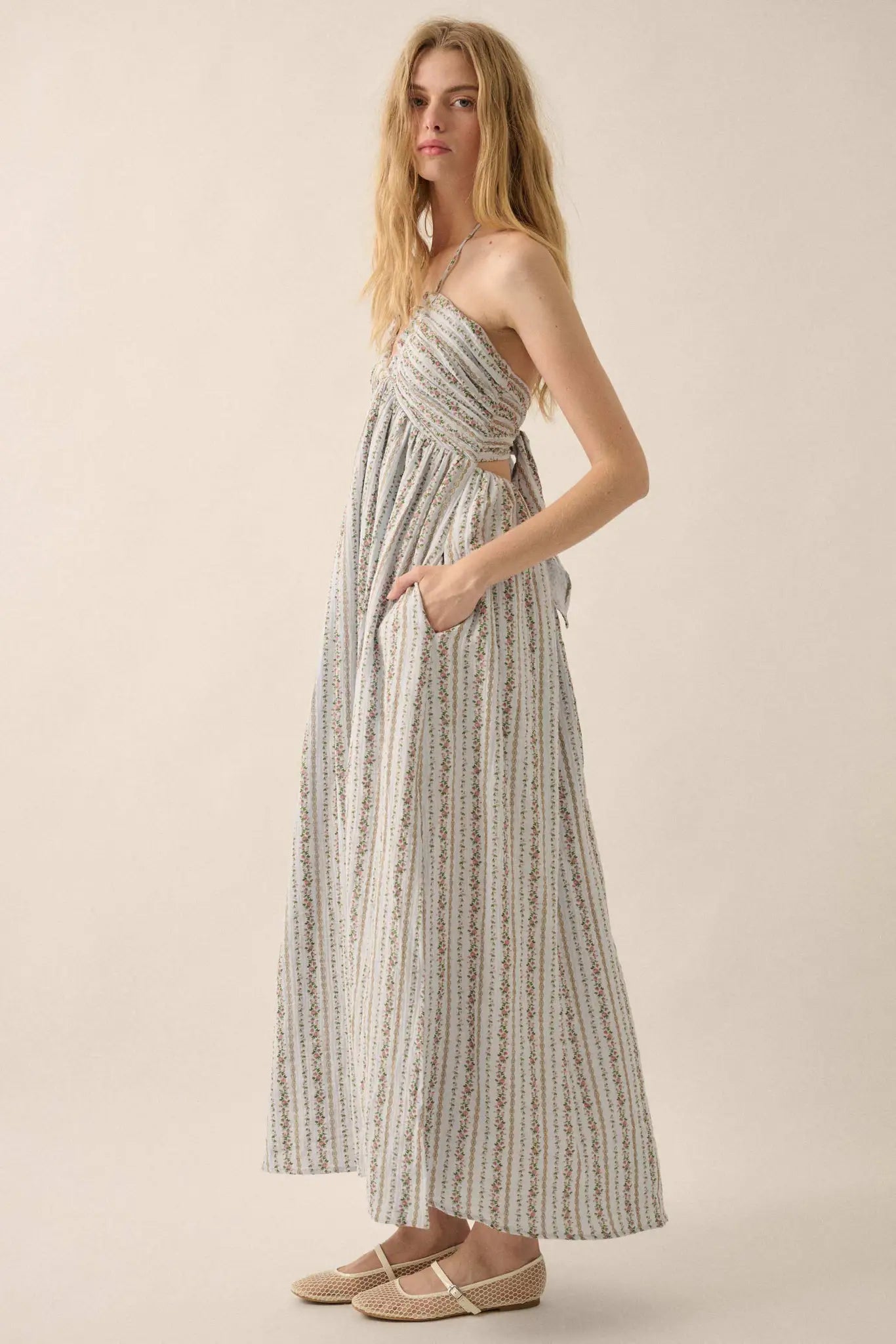 Trellis Blossoms Floral Gauze Halter Maxi Dress