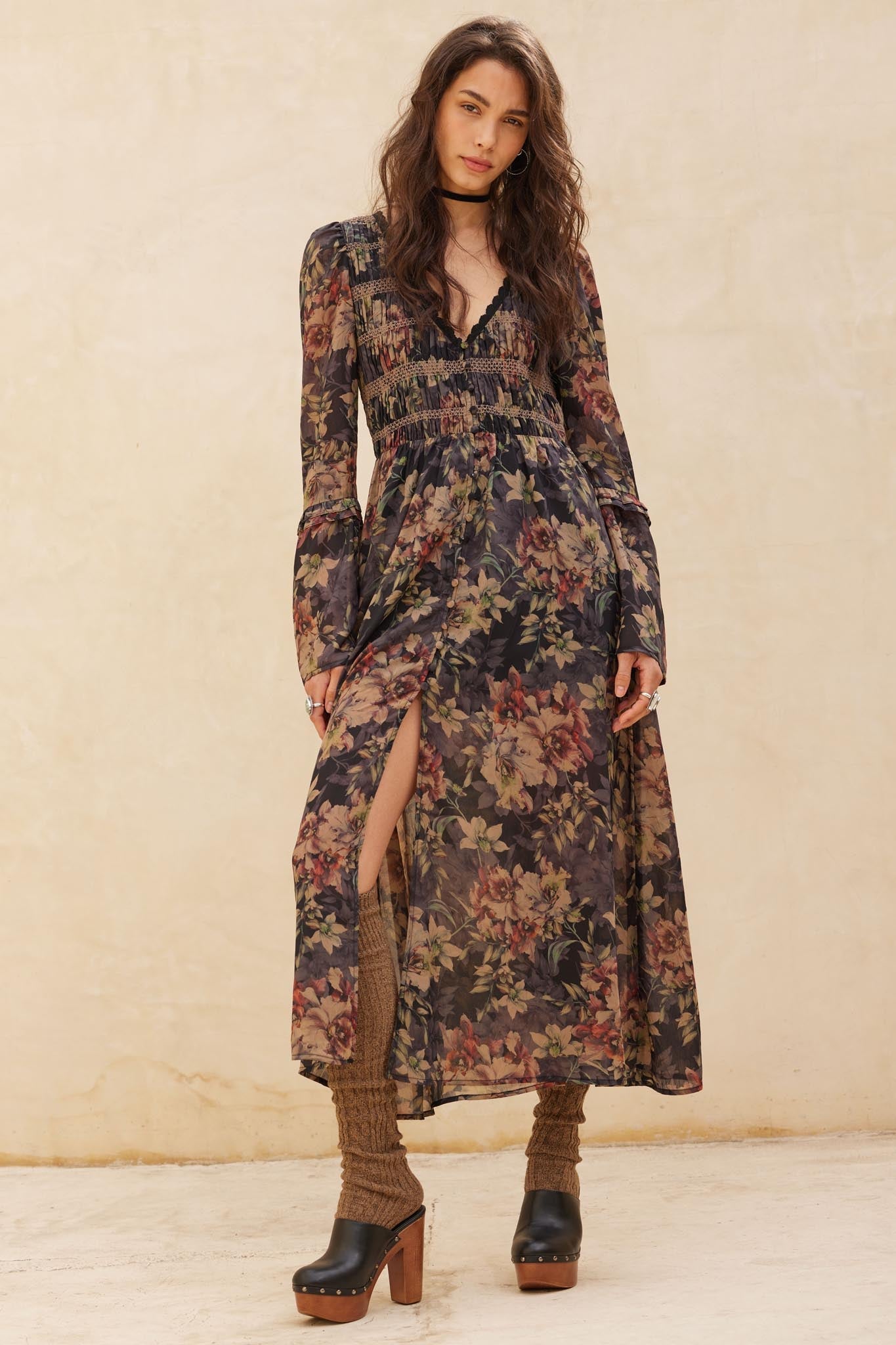 Boho Blossoms Floral Bell-Sleeve Midi Dress