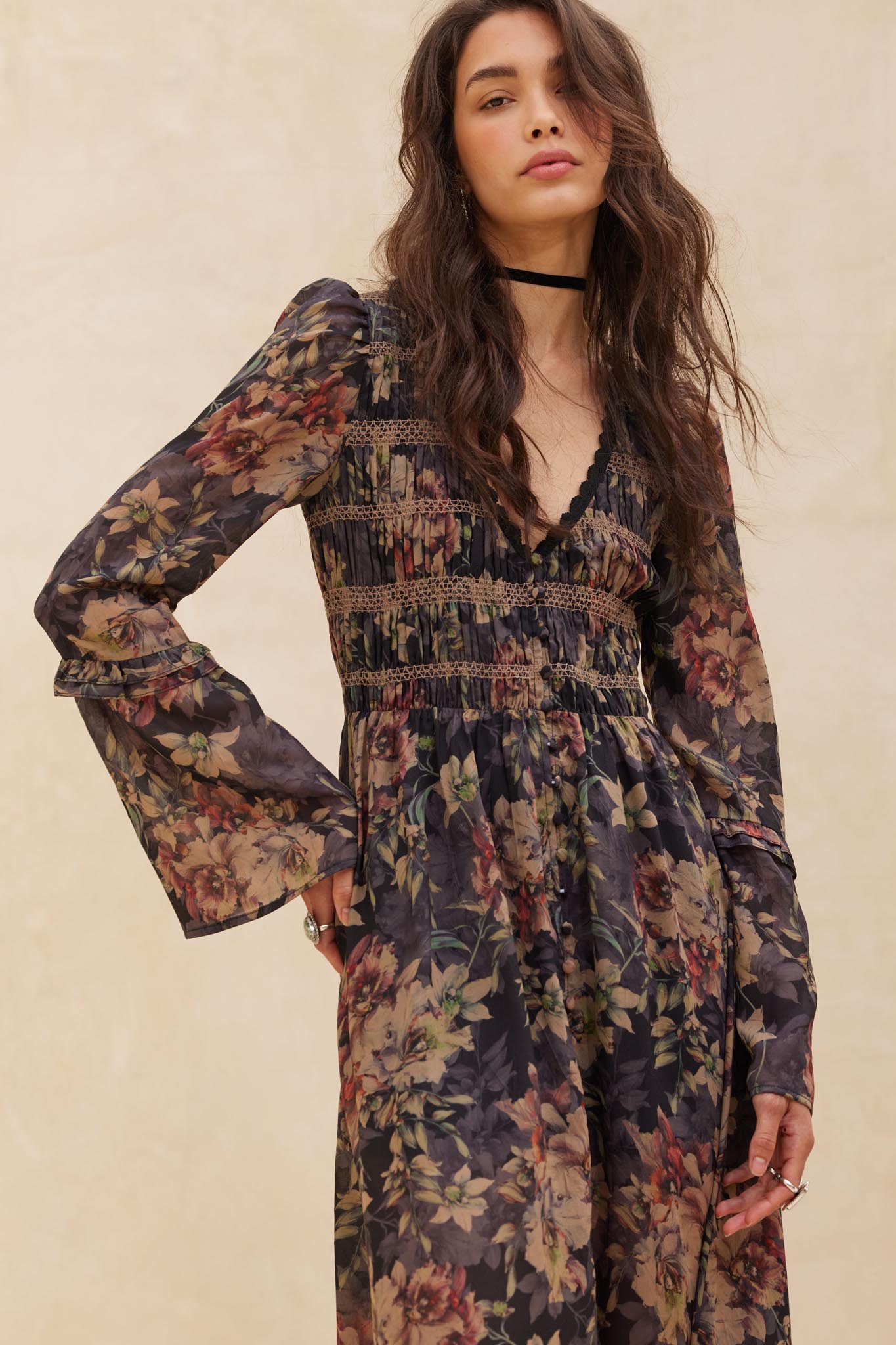 Boho Blossoms Floral Bell-Sleeve Midi Dress