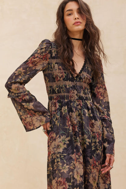 Boho Blossoms Floral Bell-Sleeve Midi Dress