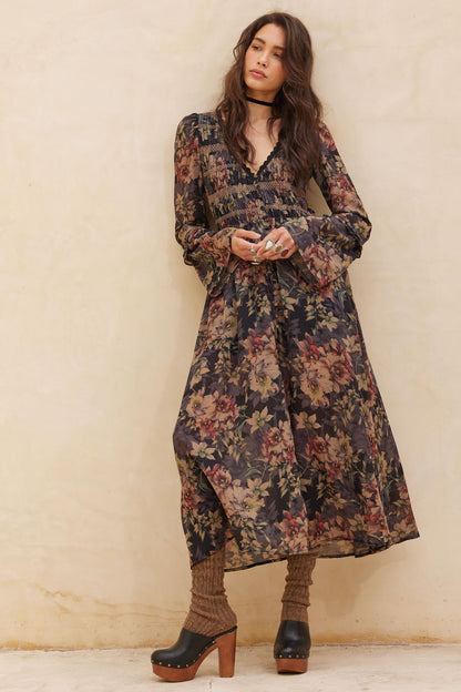 Boho Blossoms Floral Bell-Sleeve Midi Dress