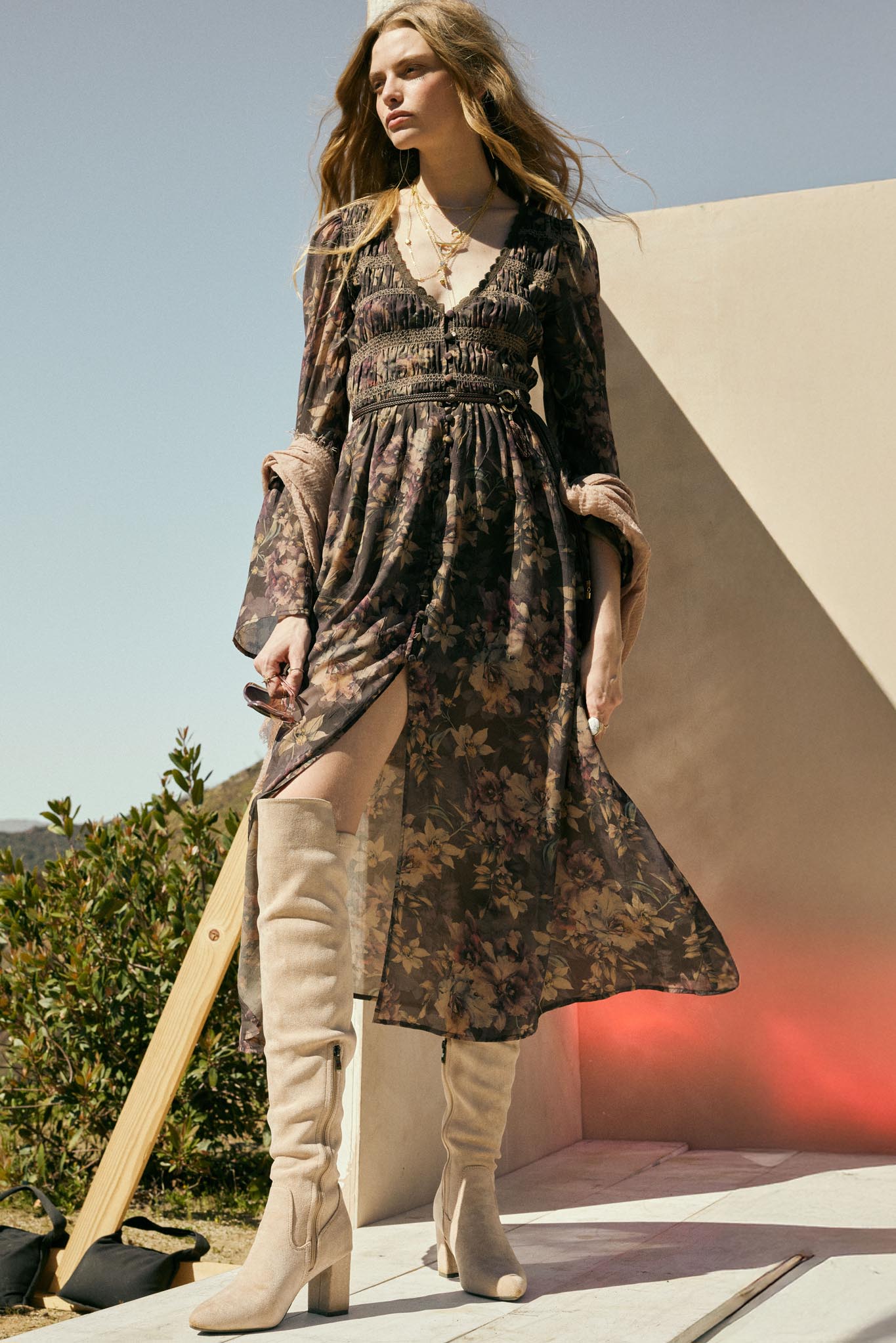 Boho Blossoms Floral Bell-Sleeve Midi Dress