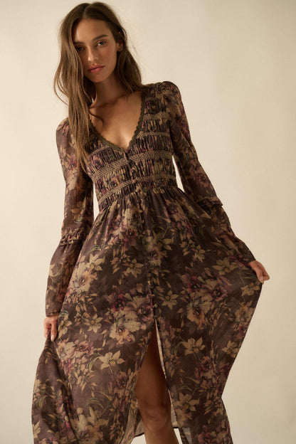 Boho Blossoms Floral Bell-Sleeve Midi Dress