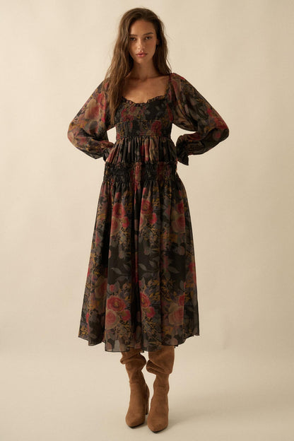 Wandering Rose Smocked Floral Chiffon Midi Dress