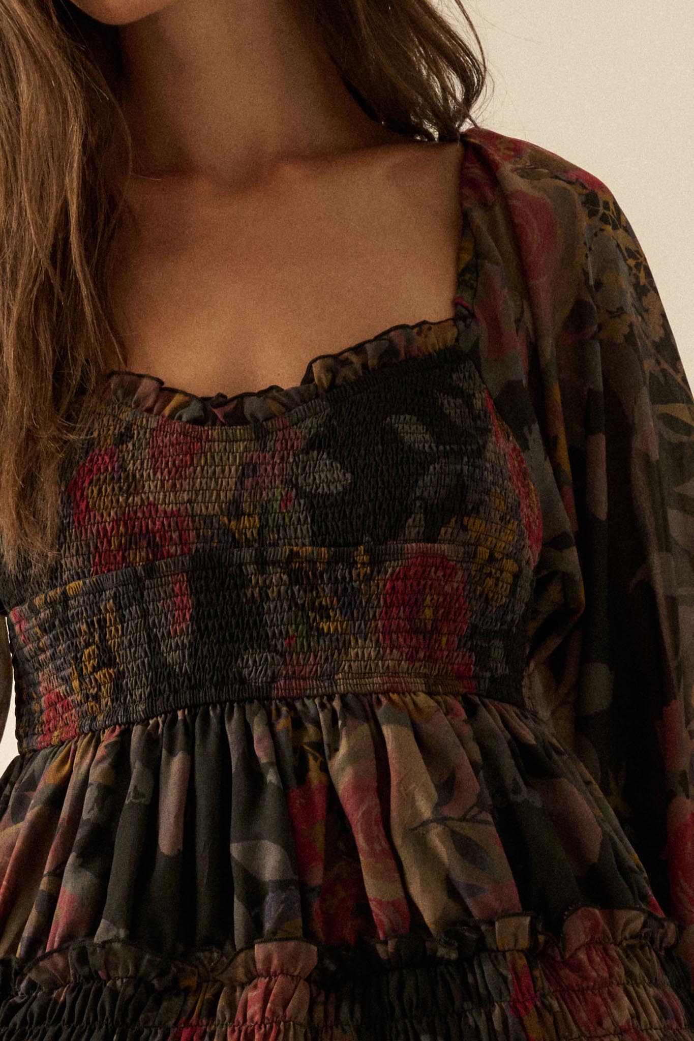 Wandering Rose Smocked Floral Chiffon Midi Dress