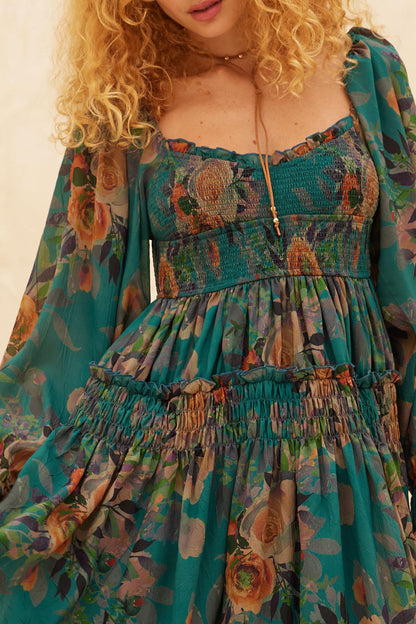 Wandering Rose Smocked Floral Chiffon Midi Dress