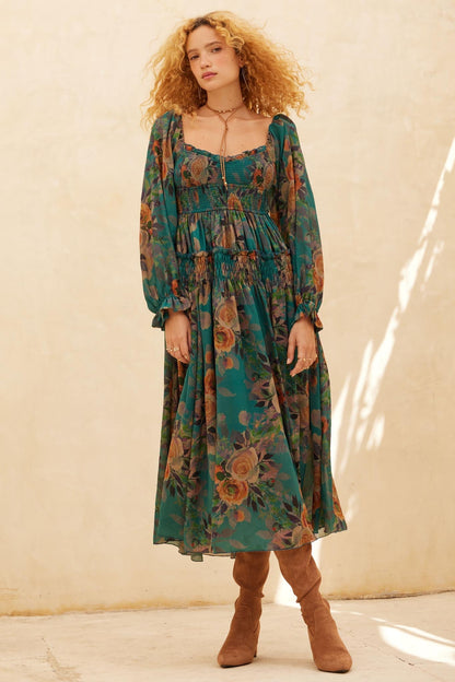 Wandering Rose Smocked Floral Chiffon Midi Dress
