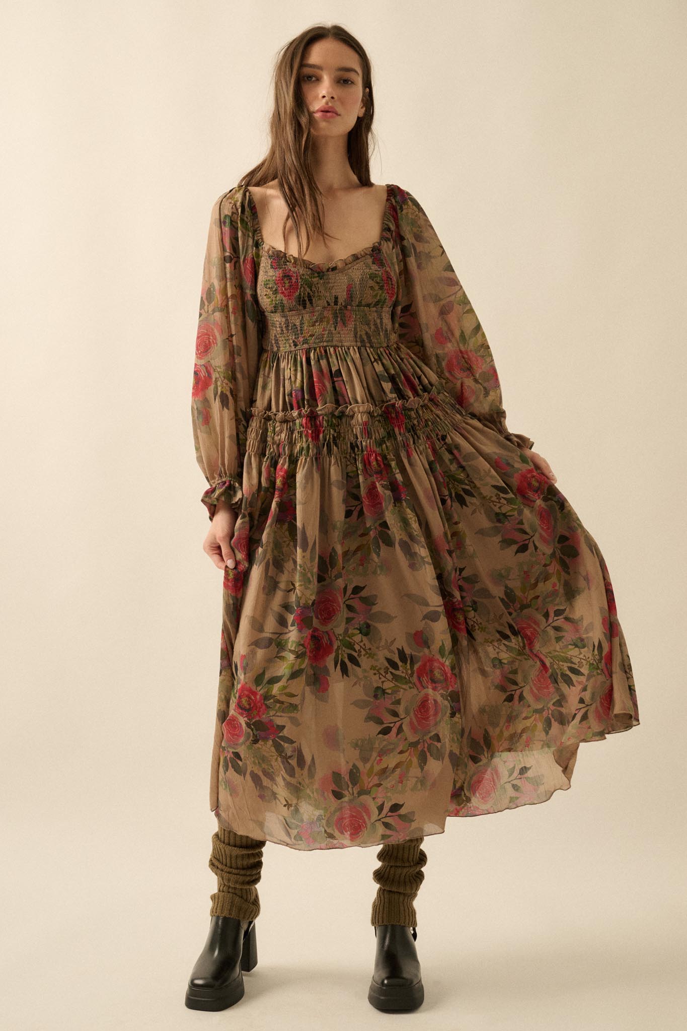 Wandering Rose Smocked Floral Chiffon Midi Dress