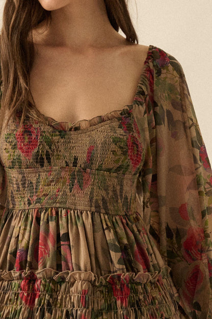Wandering Rose Smocked Floral Chiffon Midi Dress