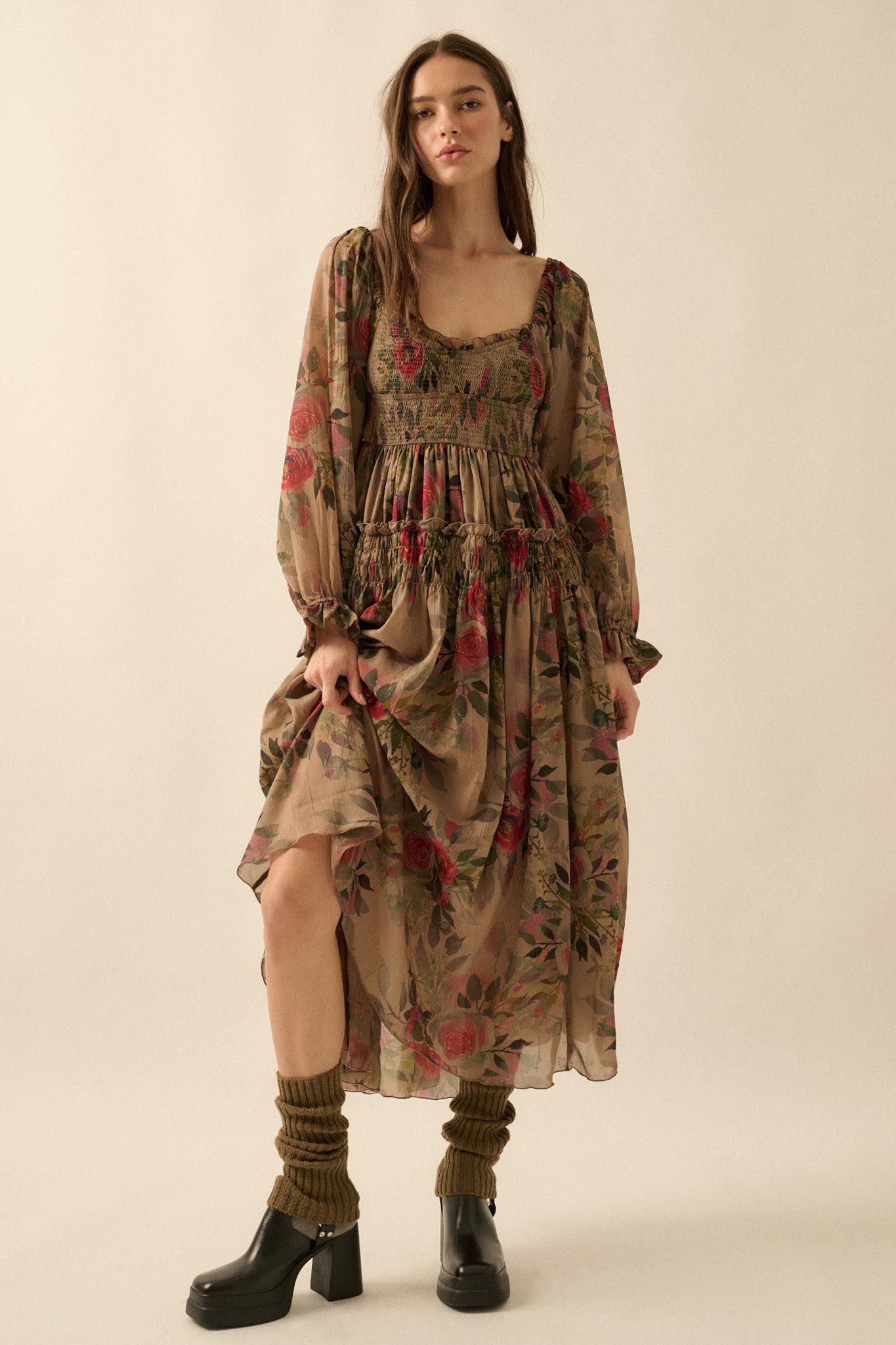 Wandering Rose Smocked Floral Chiffon Midi Dress