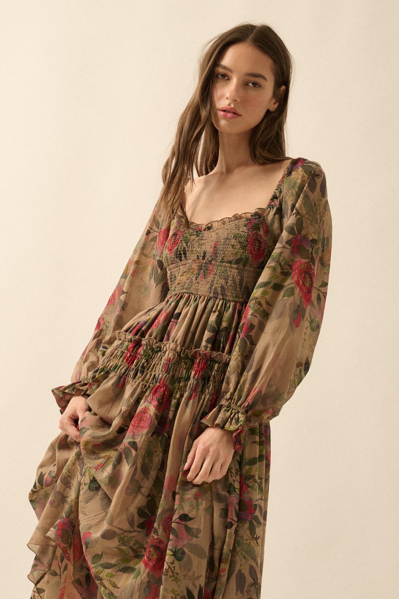 Wandering Rose Smocked Floral Chiffon Midi Dress