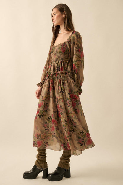 Wandering Rose Smocked Floral Chiffon Midi Dress