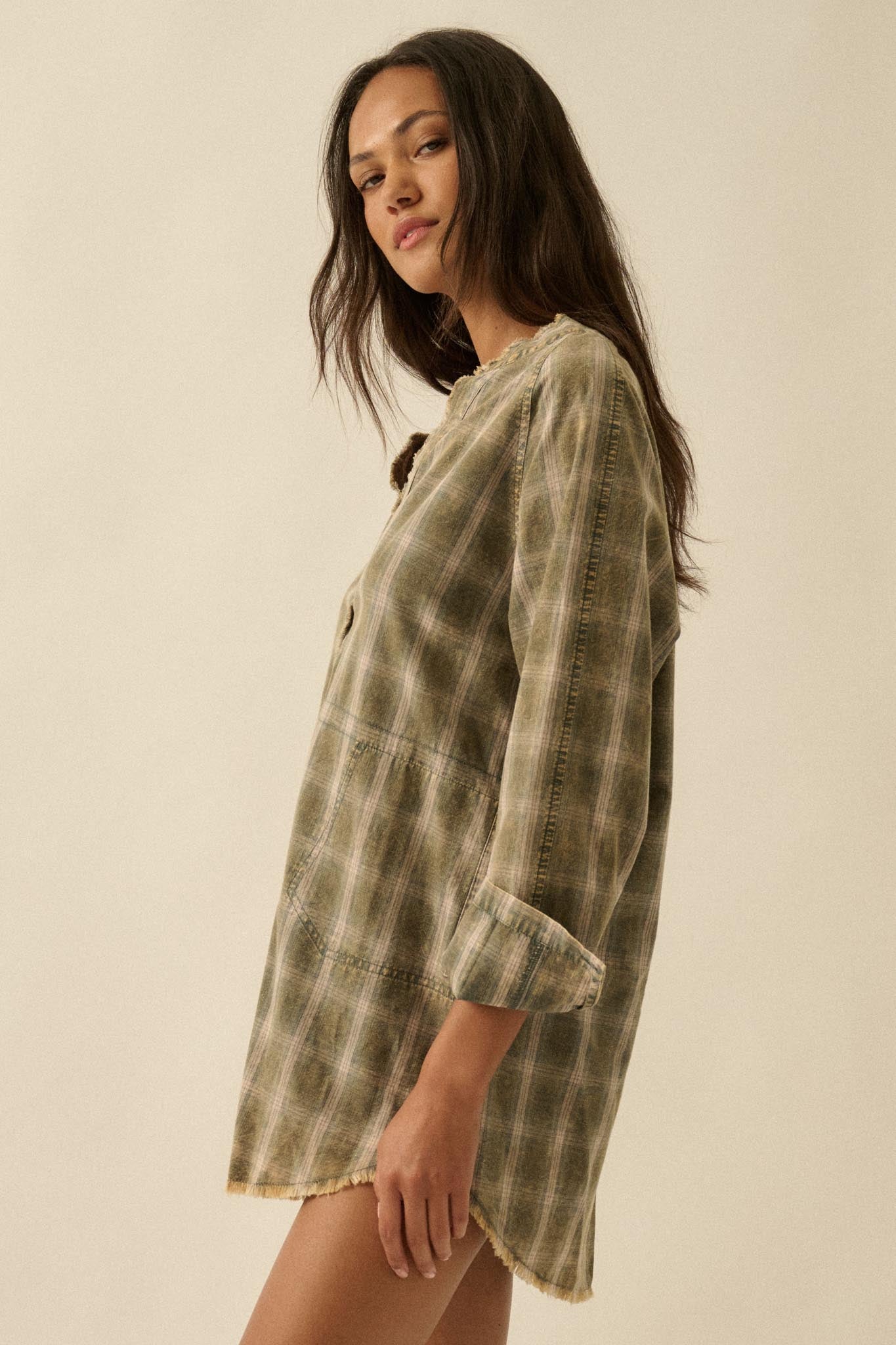 Back Roads Plaid Flannel Raw-Edge Mini Shirt Dress