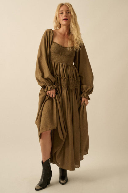 Love Story Smocked Tonal-Stripe Midi Peasant Dress