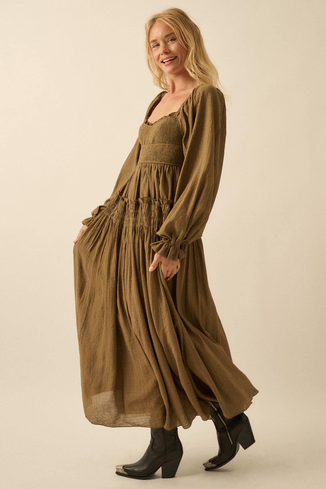 Love Story Smocked Tonal-Stripe Midi Peasant Dress