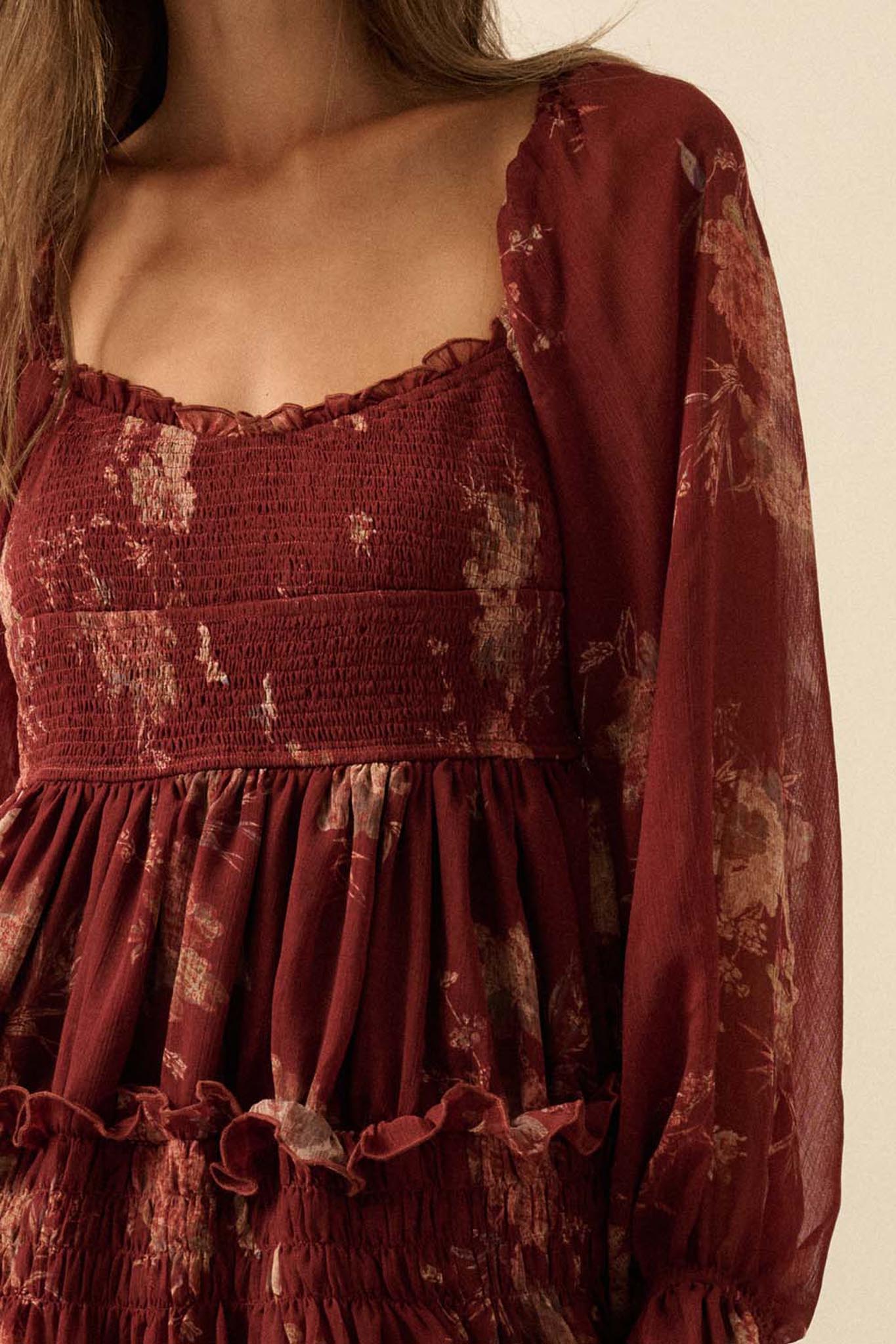 Delicate Blossoms Smocked Floral Chiffon Midi Dress
