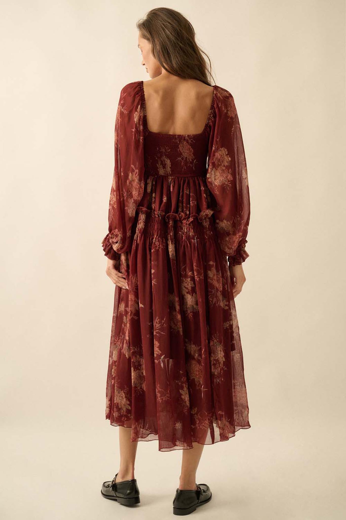 Delicate Blossoms Smocked Floral Chiffon Midi Dress