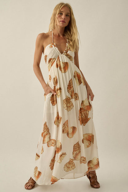 Shell Seeker Shell-Print Tie-Back Halter Maxi Dress