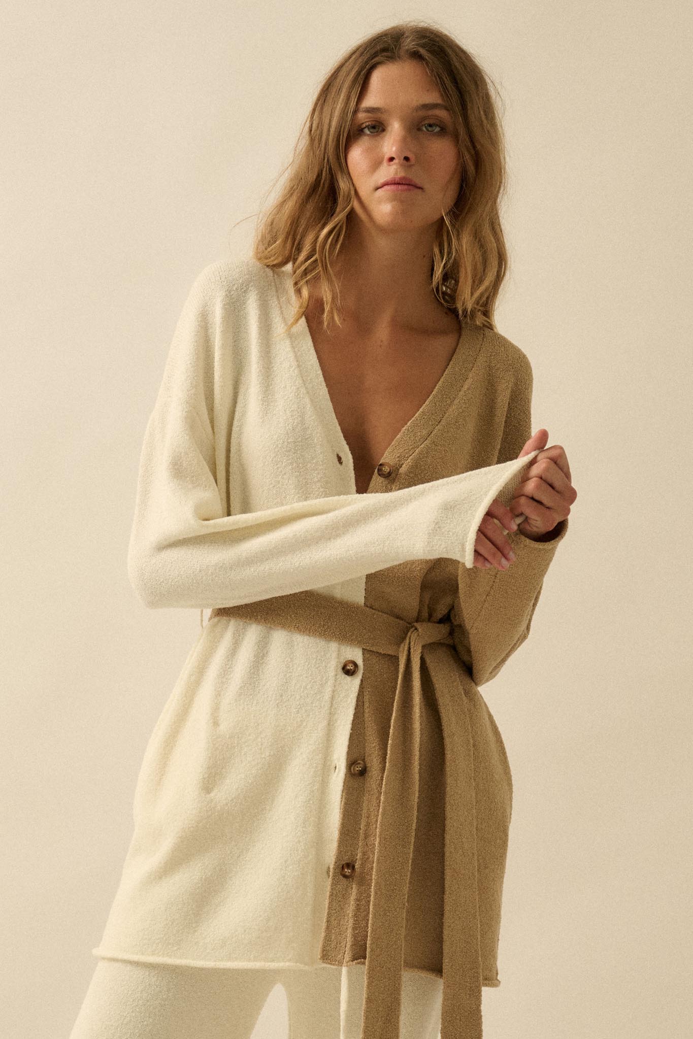 Promise the Label Colorblock Belted Cardigan