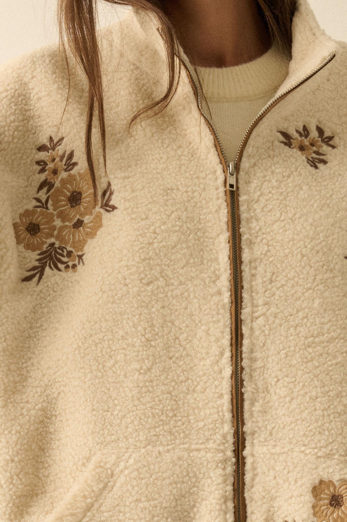 Warm Blossoms Floral-Embroidered Fleece Jacket