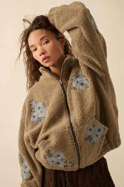Warm Blossoms Floral-Embroidered Fleece Jacket