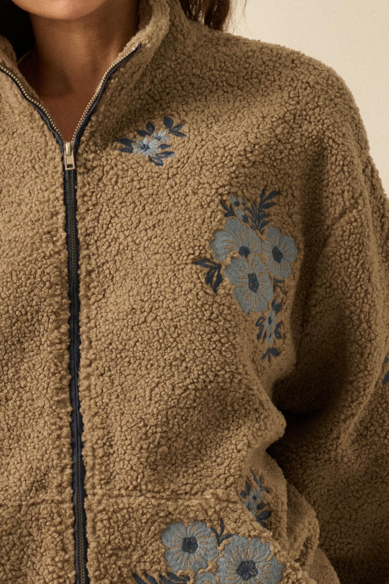Warm Blossoms Floral-Embroidered Fleece Jacket