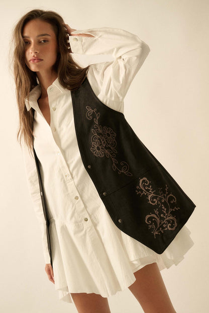 Sweet Meadow Floral-Embroidered Vegan Suede Vest