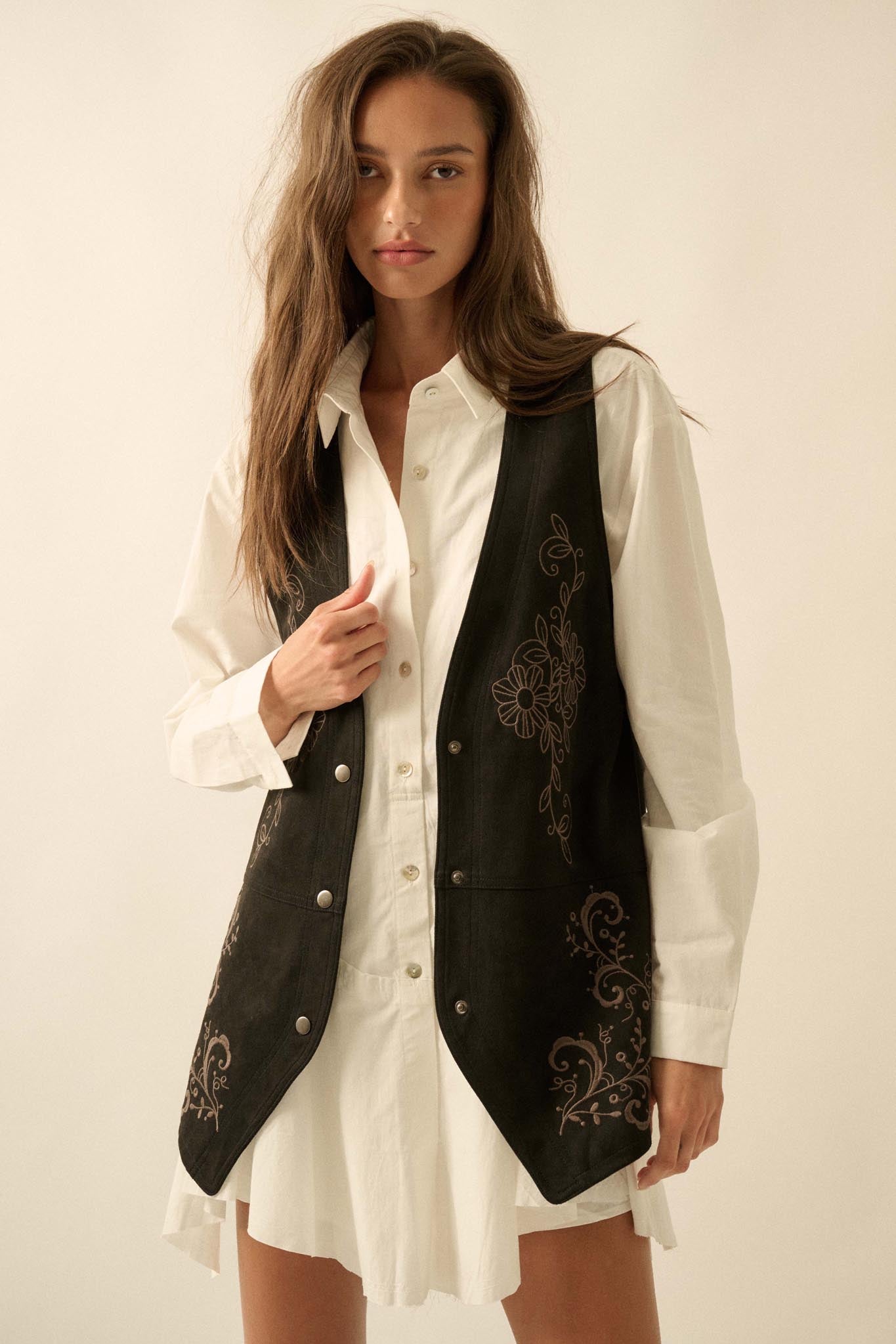 Sweet Meadow Floral-Embroidered Vegan Suede Vest