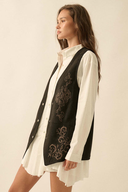 Sweet Meadow Floral-Embroidered Vegan Suede Vest